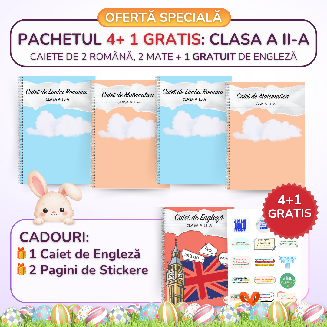 Pachetul 4+1 GRATIS, Clasa a II-a: 2 Caiete Română, 2 Caiete Mate + 1 GRATUIT Engleză