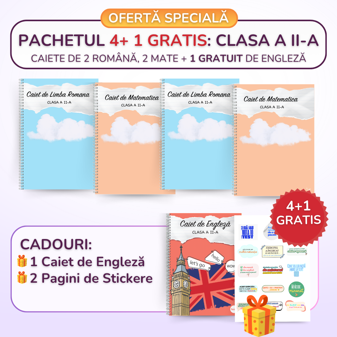 Pachetul 4+1 GRATIS, Clasa a II-a: 2 Caiete Română, 2 Caiete Mate + 1 GRATUIT Engleză