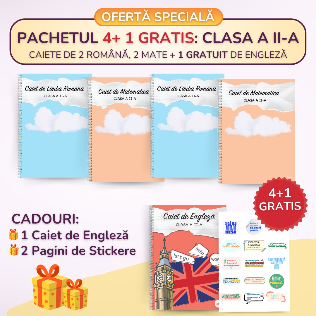 Pachetul 4+1 GRATIS, Clasa a II-a: 2 Caiete Română, 2 Caiete Mate + 1 GRATUIT Engleză