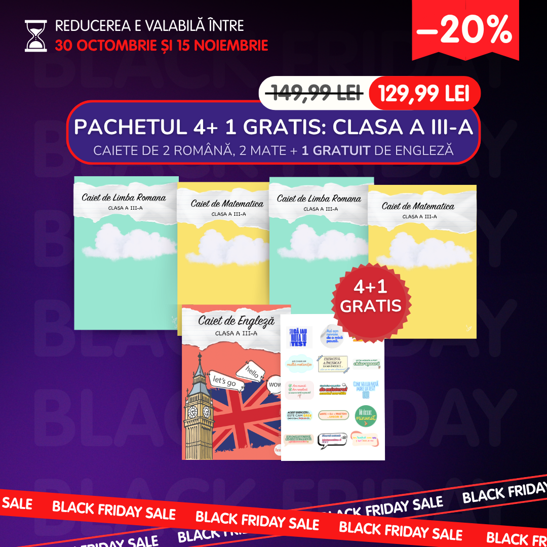 Pachetul 4+1 GRATIS, Clasa a III-a: 2 Caiete de Română, 2 Caiete de Mate + 1 GRATUIT Engleză