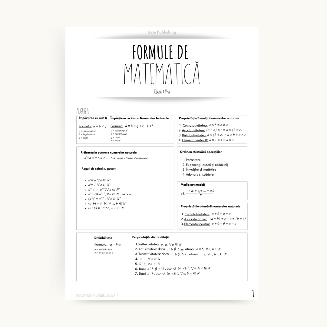 Produs digital: Formulele la Matematică pentru GIMANZIU (clasele V - VIII) - Izzie Publishing
