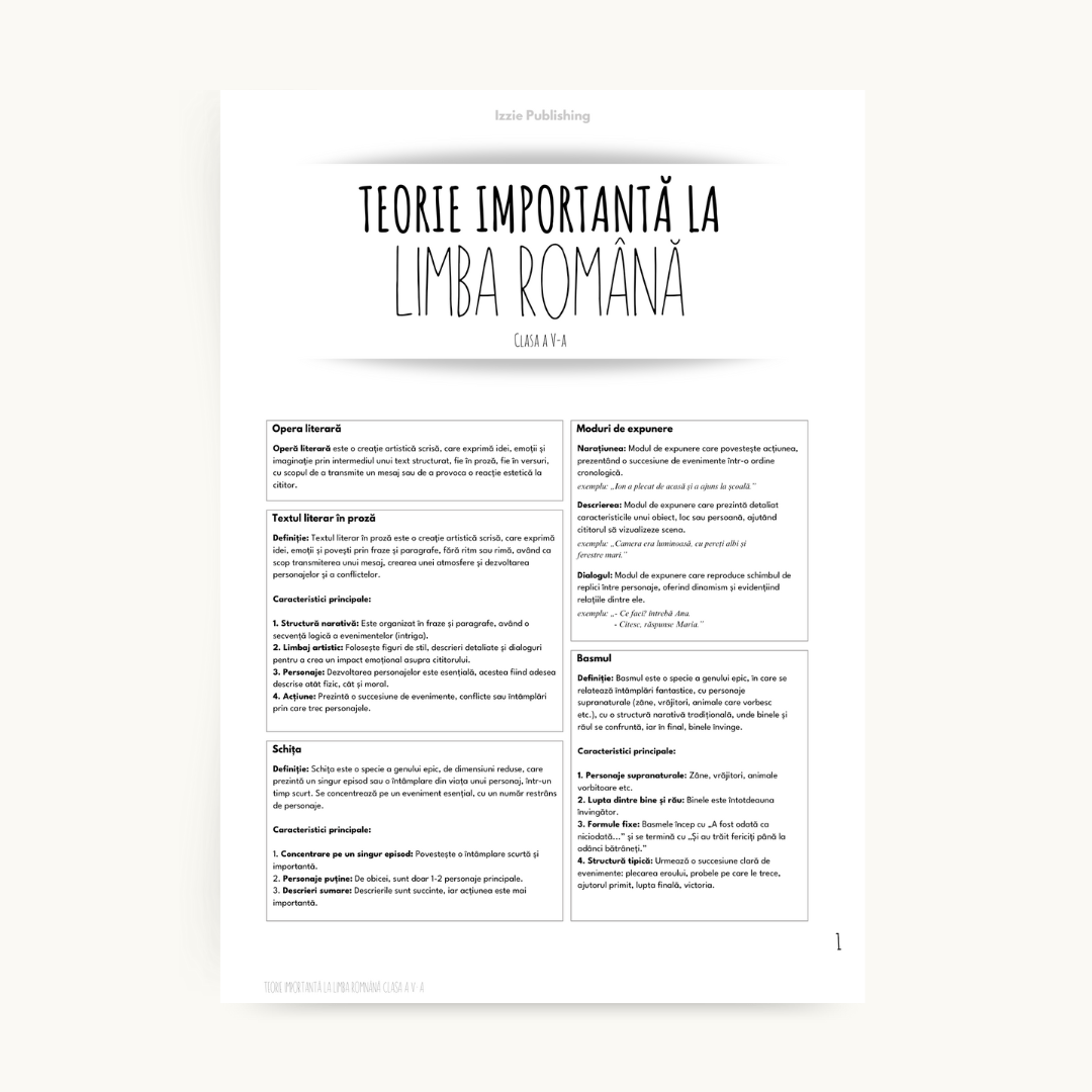Produs digital: Teoria Importantă la Română pentru GIMNAZIU (clasele V - VIII) - Izzie Publishing