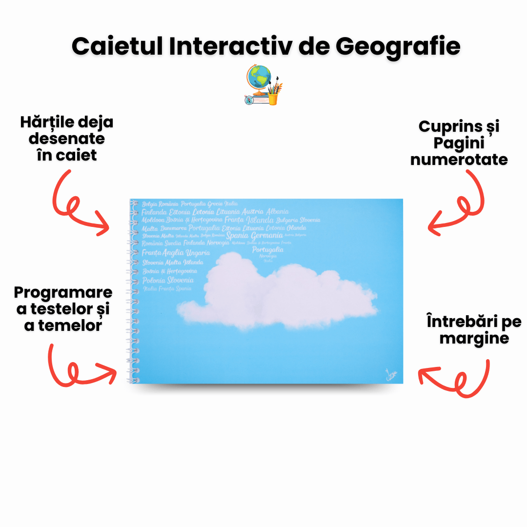 Set 5 Caiete: Mate (cu Formule și Stickere) + Română (cu Teorie și Stickere) + Fizică + Geografie + Biologie - Izzie Publishing