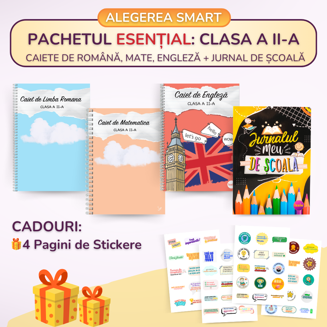 Pachet Esențial Clasa a II-a: Caiete de Română, Mate, Engleză, Jurnal de Școală + 4 Pagini de Stickere CADOU