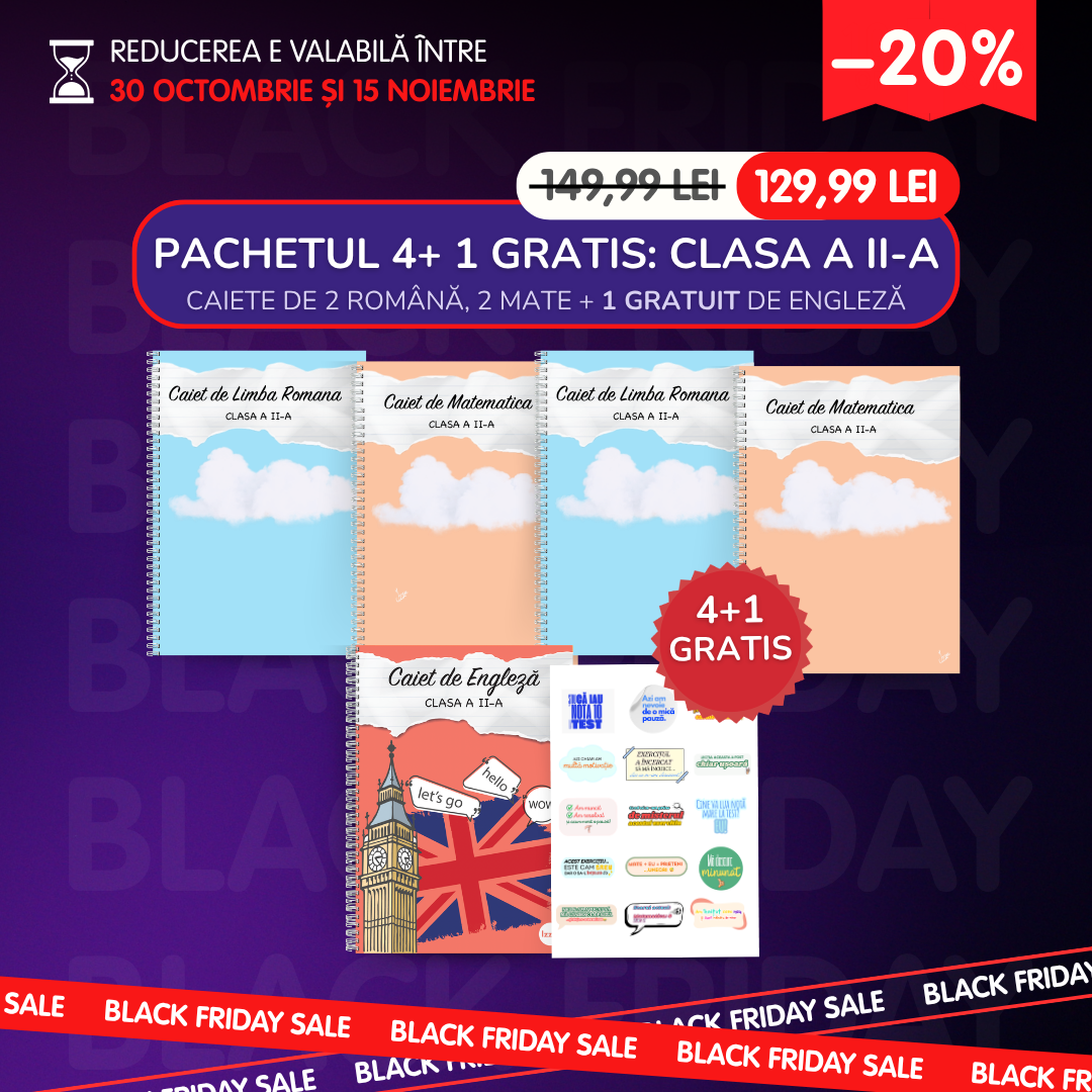 Pachetul 4+1 GRATIS, Clasa a II-a: 2 Caiete Română, 2 Caiete Mate + 1 GRATUIT Engleză