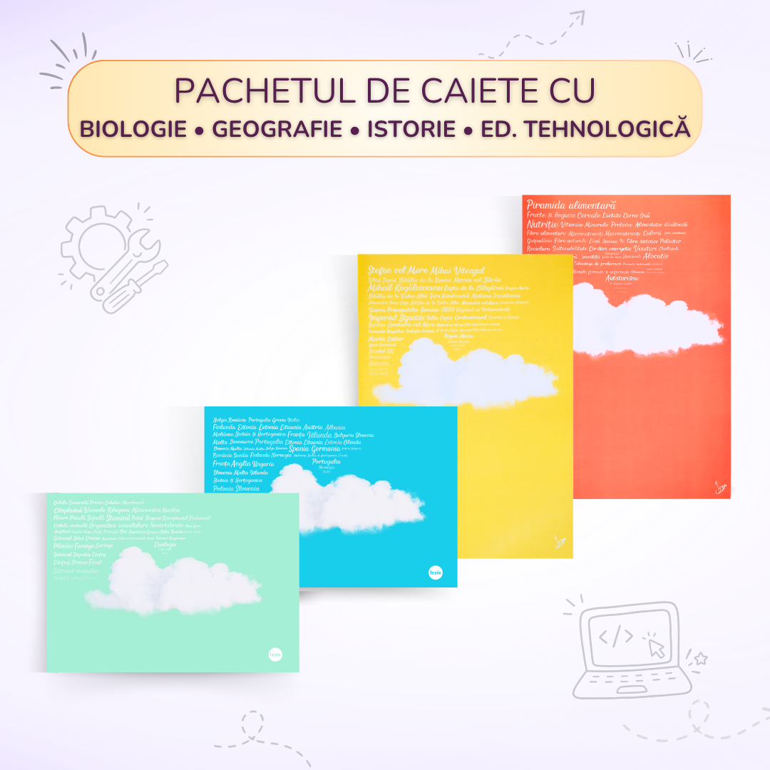 Pachet Biologie + Geografie + Istorie + Ed. Tehnologică – caiete Izzie
