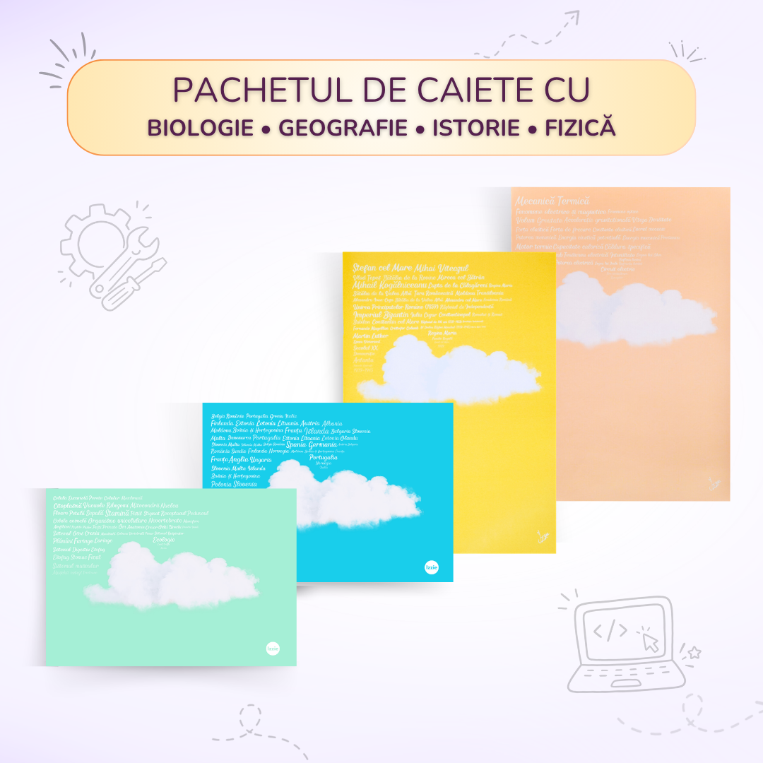 Pachet Biologie + Geografie + Istorie + Fizică – caiete Izzie
