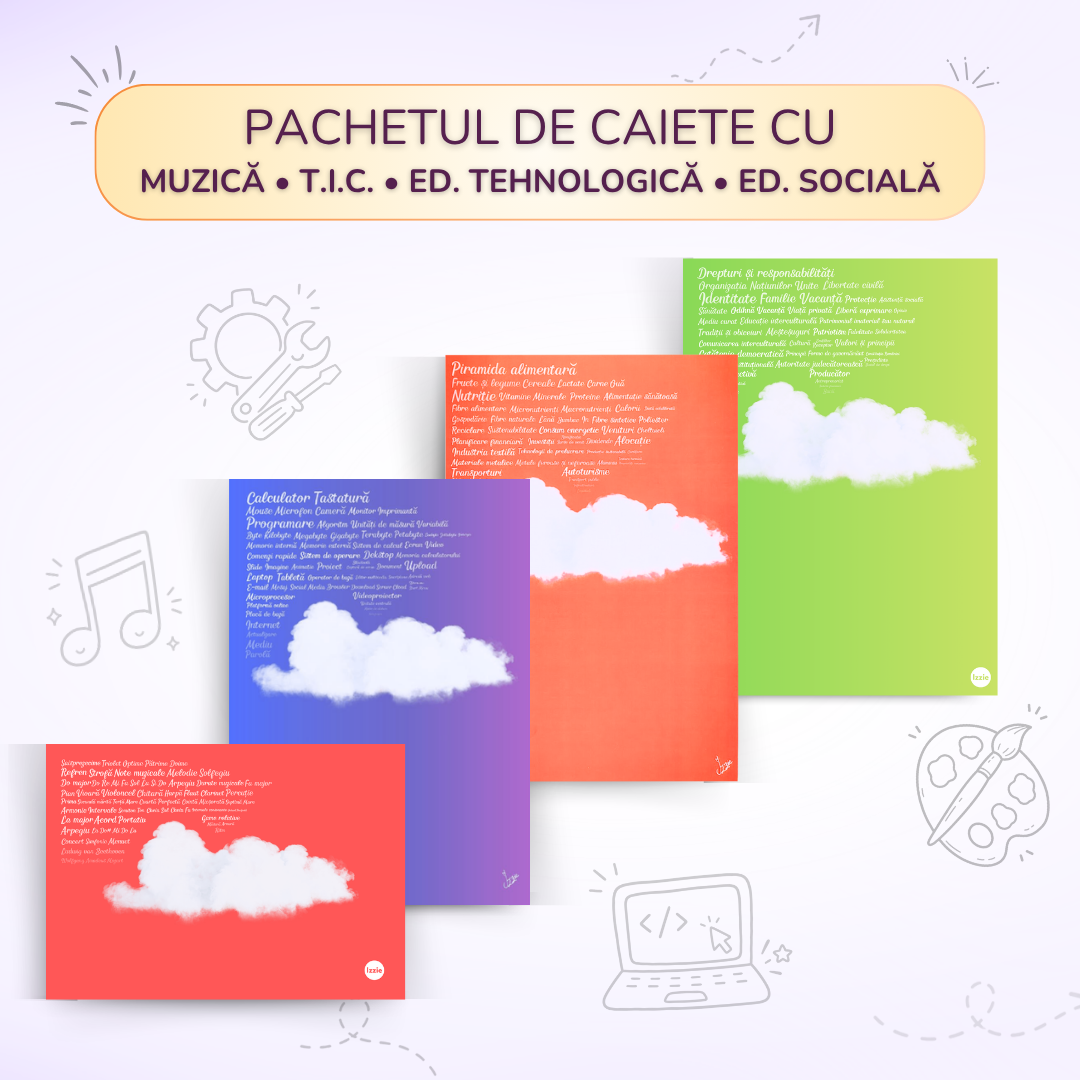 Pachet Muzică + T.I.C. + Ed. Tehnologică + Ed. Socială – caiete Izzie